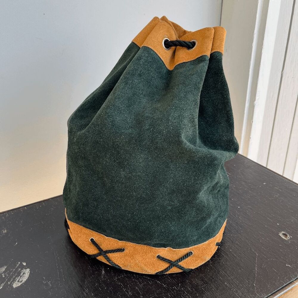 VTG Forest Green Suede Leather Drawstring Backpack USA Boho Minimalist - Picture 2 of 12